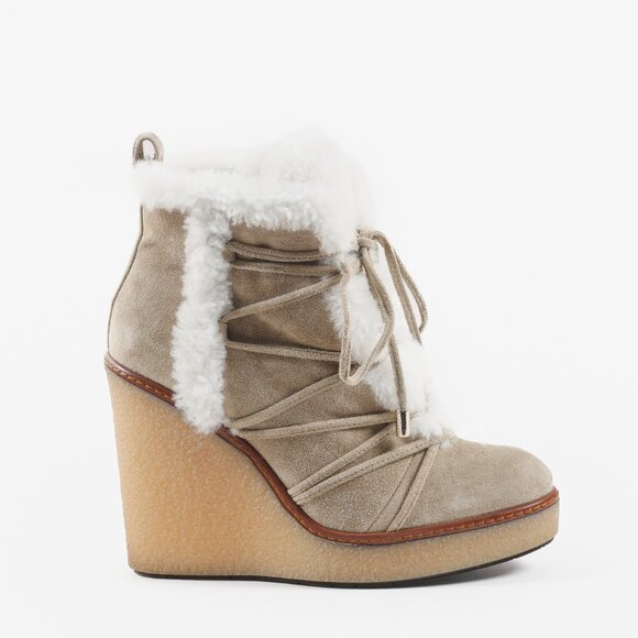 Moncler Osja Tan Shearling Lace-Up Zipper Wedge Boots - Picture 1 of 11